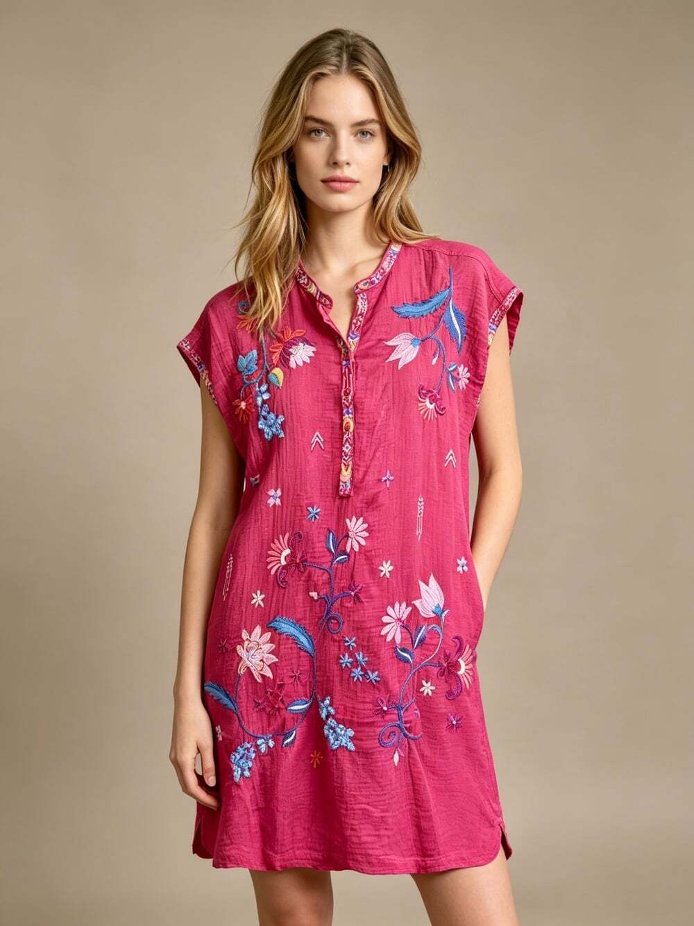 NWOT Johnny Was Mishti Elena Embroidered Cotton Mini Dress Pink Size M Pocket